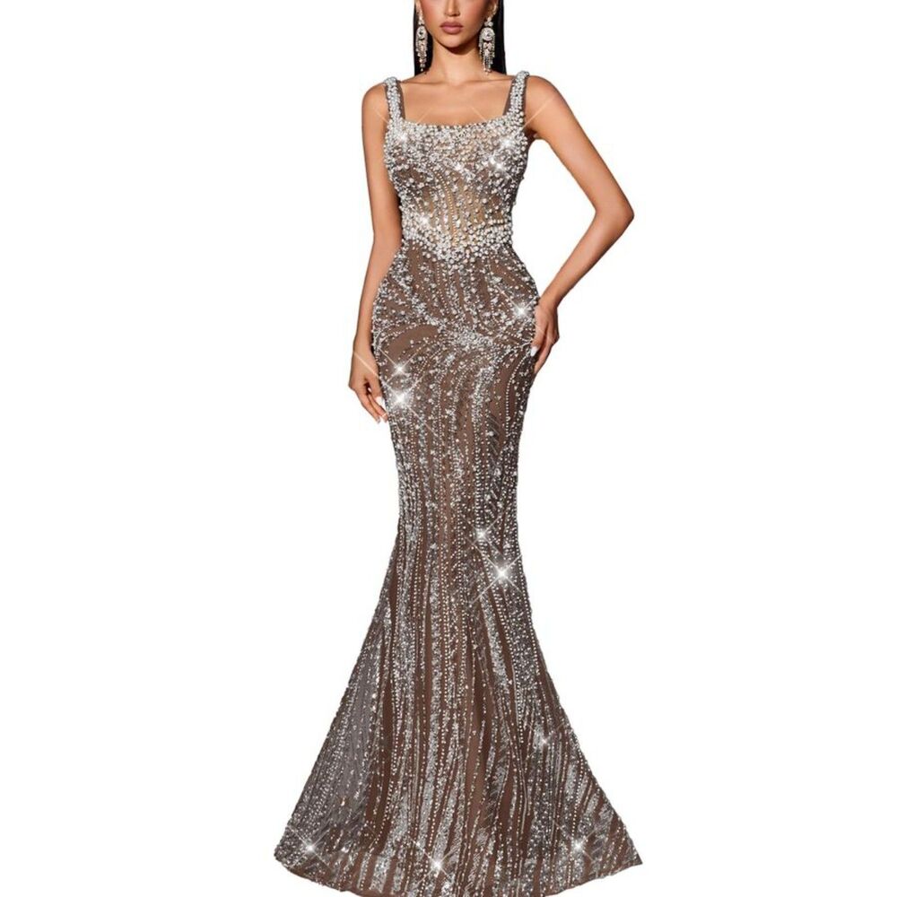 Sequin Beaded Mermaid Evening Dress Square Neck Prom Maxi Gown Coffee Brown XL